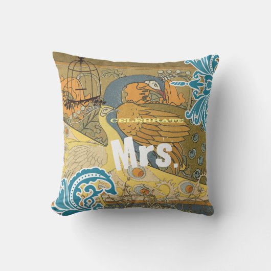 Bride Blauwgroen geel koraal en olijfpeacock Birdc Kussen (Voorkant)