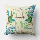 Bride Blauwgroen Green Damask Bird Mrs Forever Kussen (Voorkant)