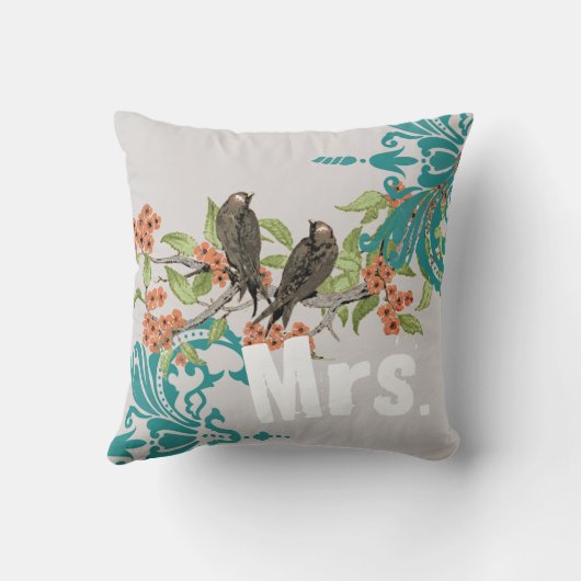 Bride  Blauwgroen vogels Damask & Tangerine Blooms Kussen (Achterkant)