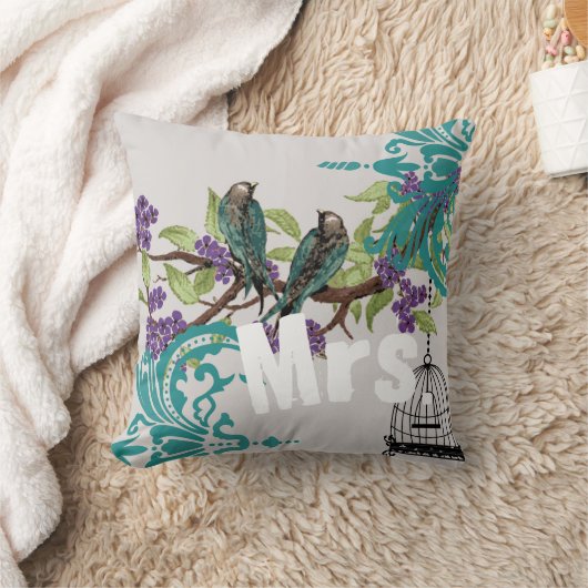 Bride  Blauwgroen vogels: vogelkooi en Paarse bloe Kussen (Deken)