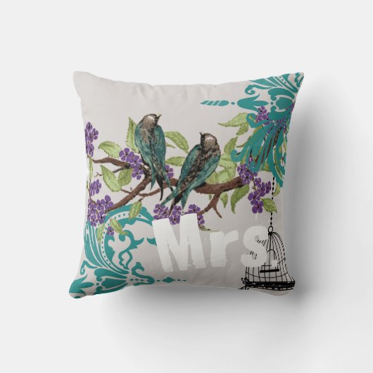 Bride  Blauwgroen vogels: vogelkooi en Paarse bloe Kussen (Achterkant)