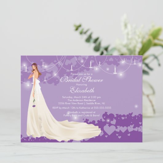 Bride Bridal Shower Invitation Trendy Paars Kaart (Staand voorkant)