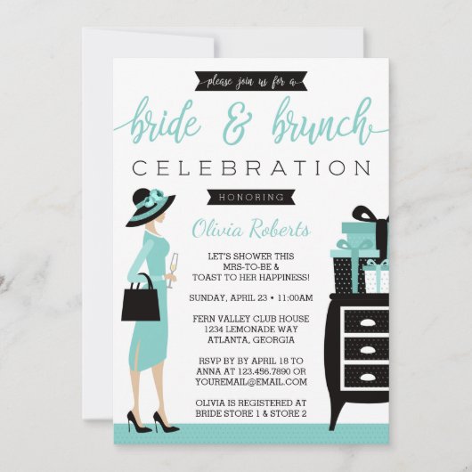 Bride & Brunch Shower Invitation, blauw, zwart Kaart (Voorkant)