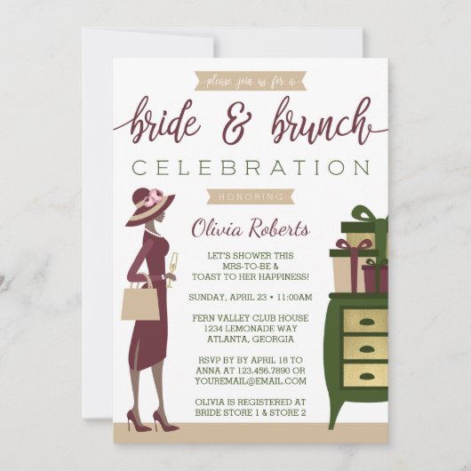 Bride & Brunch Shower Invitation, Bourgogne, Groen Kaart (Voorkant)