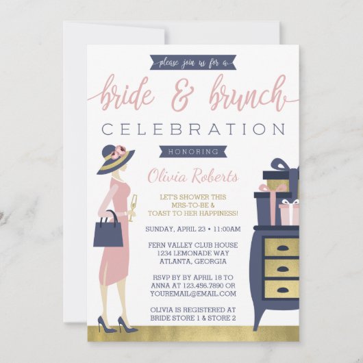 Bride & Brunch Shower Invitation, Navy, Pink, Gold Kaart (Voorkant)