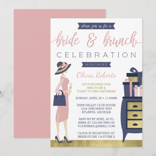 Bride & Brunch Shower Invitation, Navy, Pink, Gold Kaart (Voorkant / Achterkant)