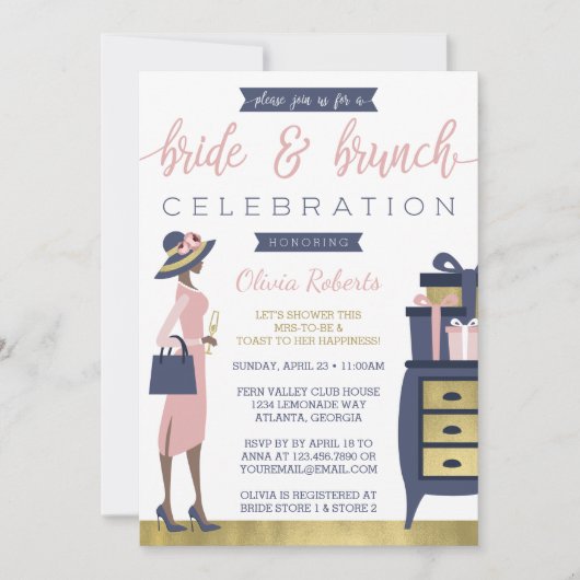Bride & Brunch Shower Invitation, Navy, Pink, Gold Kaart (Voorkant)