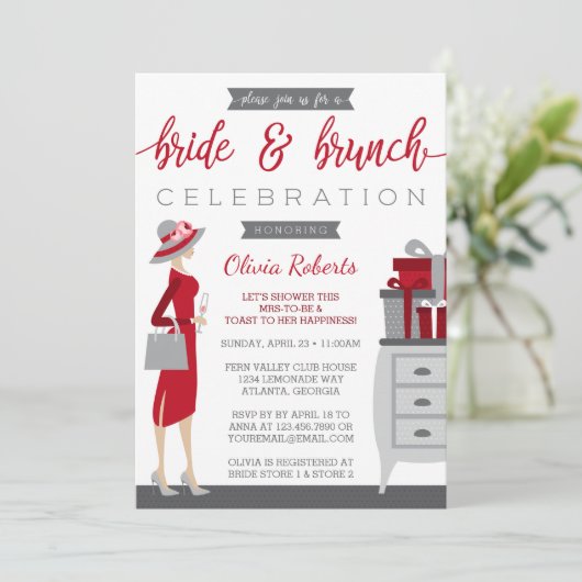 Bride & Brunch Shower Invitation, Red, Grey Kaart (Staand voorkant)