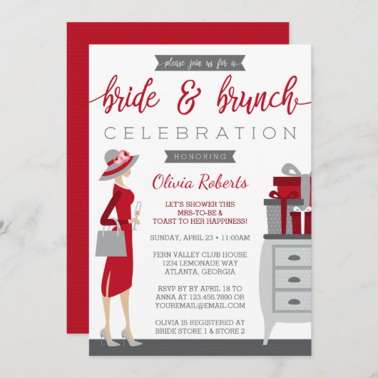 Bride & Brunch Shower Invitation, Red, Grey Kaart (Voorkant / Achterkant)