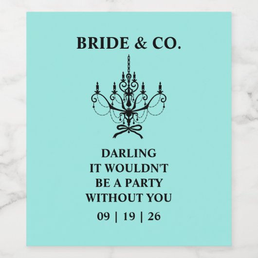 Bride & Co. Vrijgezellenfeest Turquoise Wijn Etiket (Enkel label)