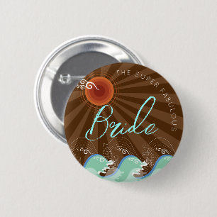 BRIDE Cool Waves & Brown Sun Beach Wedding Button