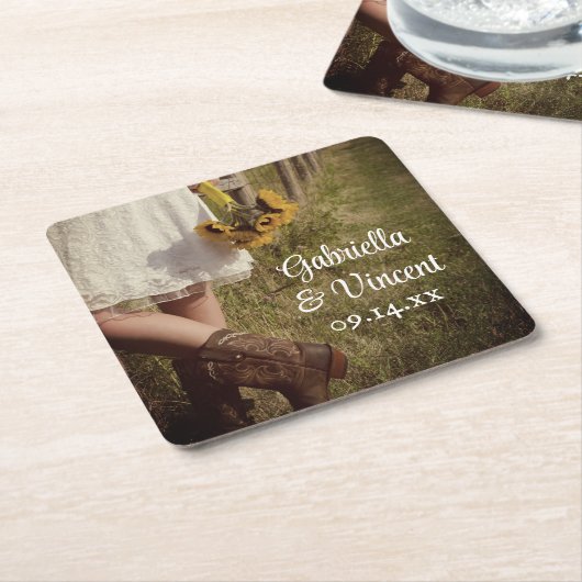 Bride, Cowboy Boots en Sunflower Ranch Wedding Kartonnen Onderzetters (Schuin)