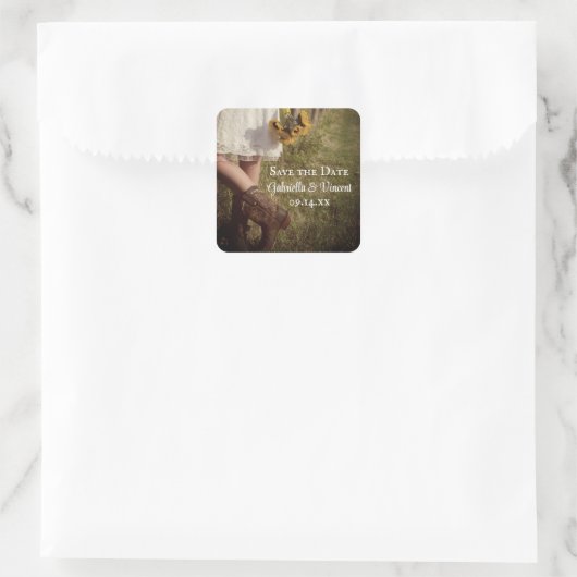 Bride, Cowboy Boots en Sunflower Save the Date Vierkante Sticker (Tas)