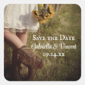 Bride, Cowboy Boots en Sunflower Save the Date Vierkante Sticker (Voorkant)