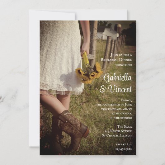 Bride, Cowboy Boots Sunflower Rehearsal Dinner Kaart (Voorkant)