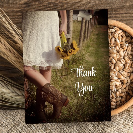 Bride, Cowboy Boots, Sunflower Weddenschap Dank je Briefkaart