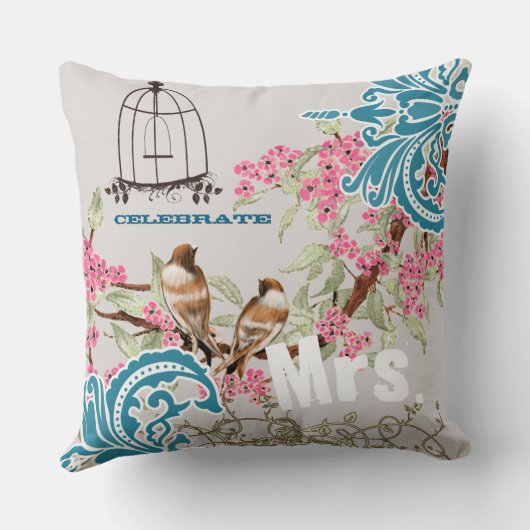 Bride Damask Love Bird Cherry Blossom Birdcage Kussen (Achterkant)
