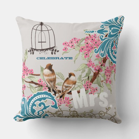 Bride Damask Love Bird Cherry Blossom Birdcage Kussen (Voorkant)