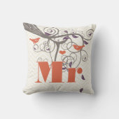Bride de heer Groom Paars Coral Gray Zig Zag Bird Kussen (Voorkant)