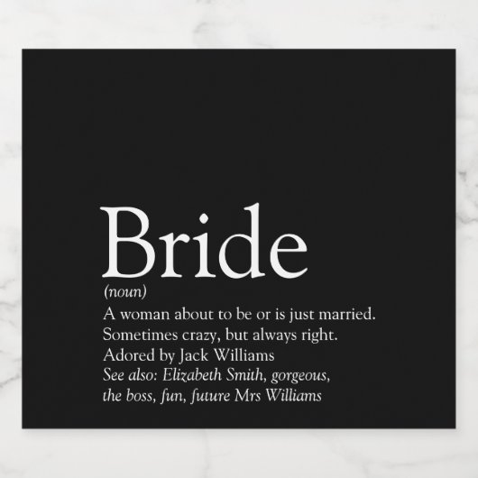 Bride Definition, Vrijgezellenfeest, bruiloft Sparkling Wijnetiket (Enkel label)