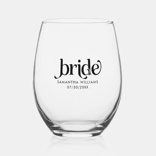 Bride Elegant Zwart Retro Typografie Wijnglas Zonder Voet (Voorkant)