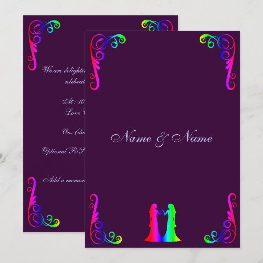 Bride en Bride - Regenboog en Paarse bruiloft Kaart (Voorkant / Achterkant)