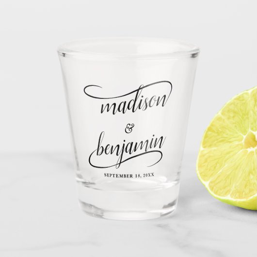 Bride- en gromhandgeschreven waskalligrafie shot glas (Voorkant)