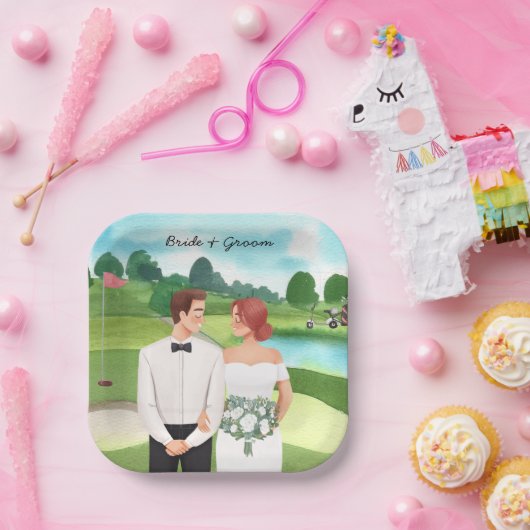 Bride en Groom Golfer bruiloft op golfbaan Papieren Bordje (Feest)