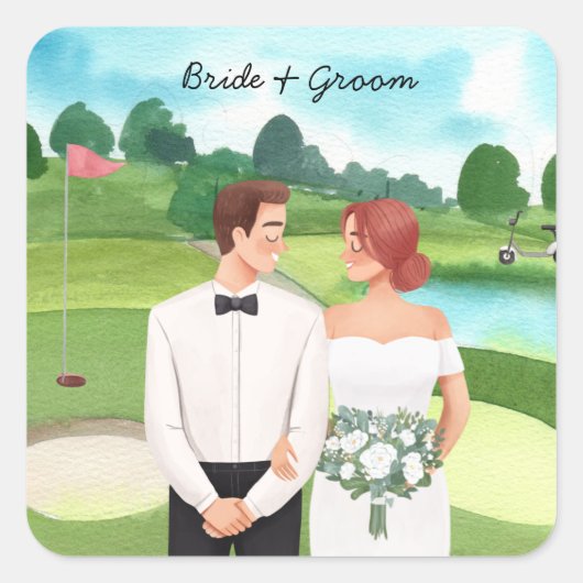 Bride en Groom Golfer bruiloft op golfbaan Vierkante Sticker (Voorkant)