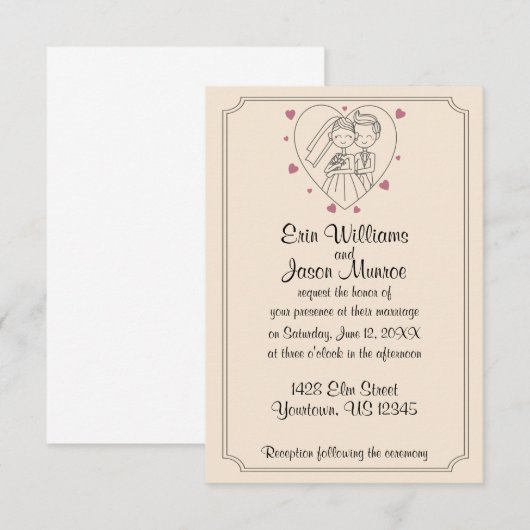 Bride en Groom Heart Sketch Wedding Uitnodiging (Voorkant / Achterkant)