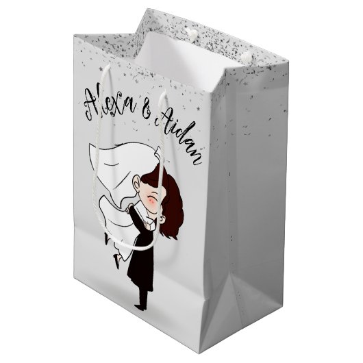 Bride en Groom in Silver Confetti Medium Cadeauzakje (Voorkant Gekanteld)