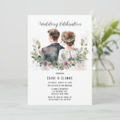 Bride en Groom met Botanische Florals Weddenschap Kaart (Staand voorkant)