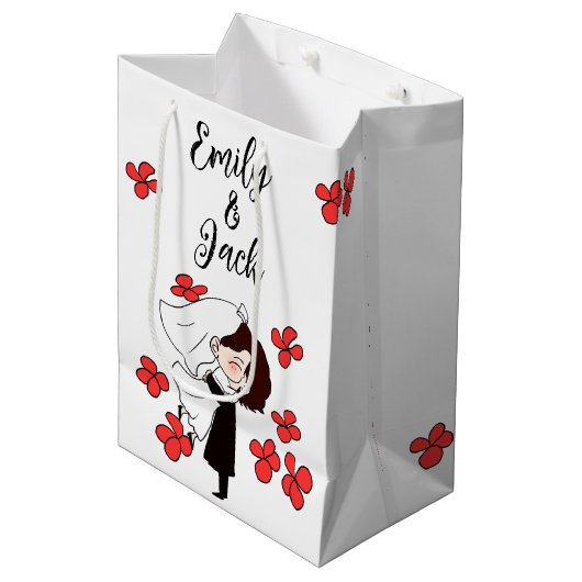 Bride en Groom met rode bloemen Medium Cadeauzakje (Voorkant Gekanteld)