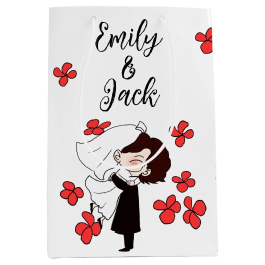 Bride en Groom met rode bloemen Medium Cadeauzakje (Voorkant)