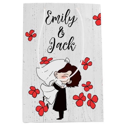 Bride en Groom met rode bloemen Medium Cadeauzakje (Voorkant)