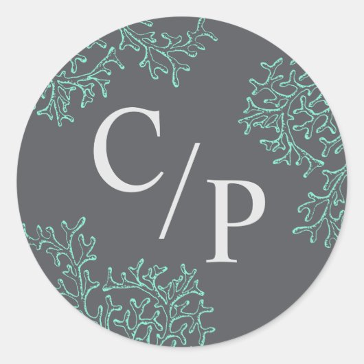 Bride en Groom Monogram Weddenschap met Zee Koraal Ronde Sticker (Voorkant)