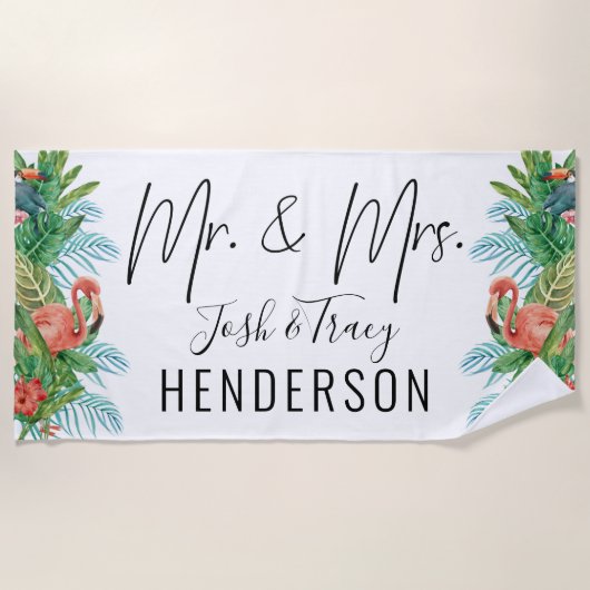 Bride en Groom, Mr en Mrs Tropical Custom Strandlaken (Voorkant)