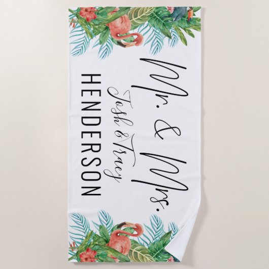 Bride en Groom, Mr en Mrs Tropical Custom Strandlaken (Voorkant)