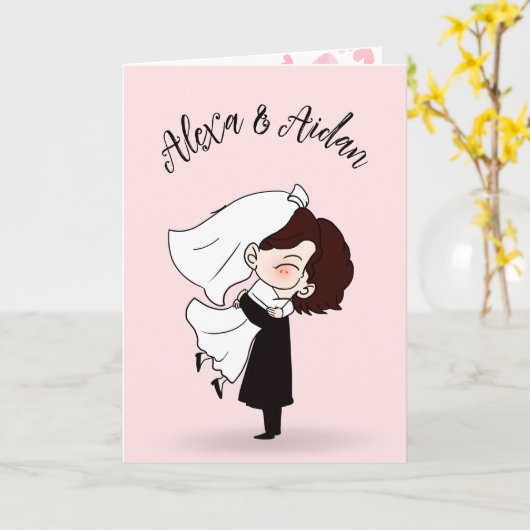 Bride en Groom op Blush Pink Kaart (Gele Bloem)