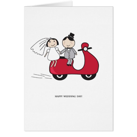 Bride en groom op de rode scooter. Weddenskaart (Voorkant)