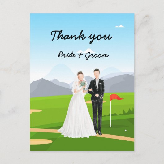 Bride en Groom op Golf Course Wedding Briefkaart (Voorkant)
