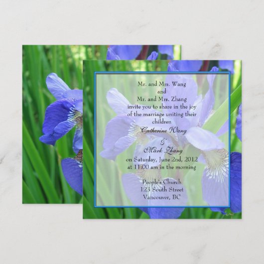 Bride en groom ouders, uitnodiging, blauwe iris kaart (Voorkant / Achterkant)