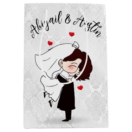 Bride en Groom over Satin Damask Medium Cadeauzakje (Voorkant)