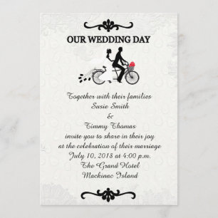 Bride en Groom over Tandem Bicycle Wedding Invitat Kaart