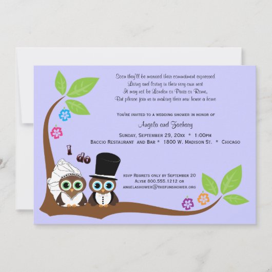 Bride en Groom Owls Lavender Background Shower Kaart (Voorkant)