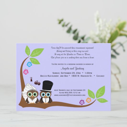 Bride en Groom Owls Lavender Background Shower Kaart (Staand voorkant)