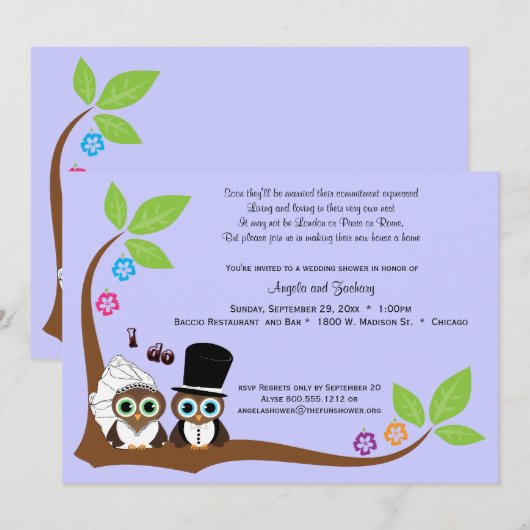 Bride en Groom Owls Lavender Background Shower Kaart (Voorkant / Achterkant)