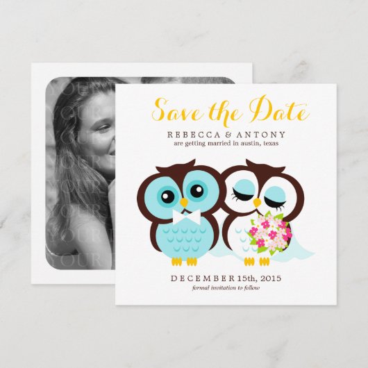Bride en Groom Owls Wedding Save the Date (Voorkant / Achterkant)