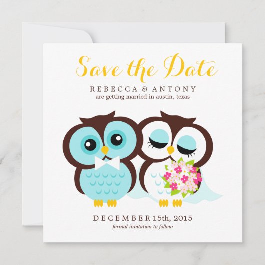 Bride en Groom Owls Wedding Save the Date (Voorkant)