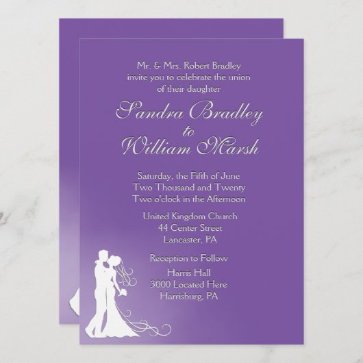 Bride en Groom Royal Paars Wedding Invitation Kaart (Voorkant / Achterkant)